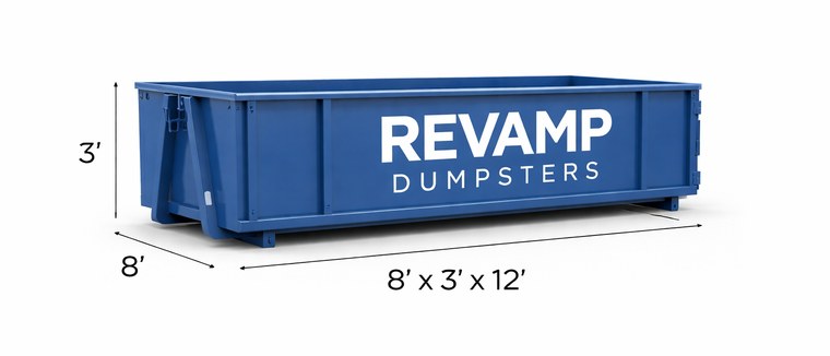 10 yard dumpster rental in Murfreesboro TN from Revamp Dumpsters, 12 by 8 by 3 feet
